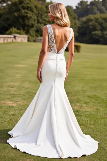 Ivory V-Neck Mermaid Wedding Dress With Lace